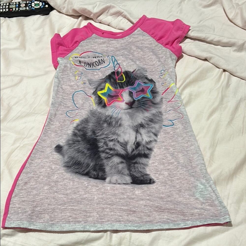 Wonder Nation 7/8 Pink Gray Cat unicorn Graphic rainbow unicorn nightgown euc